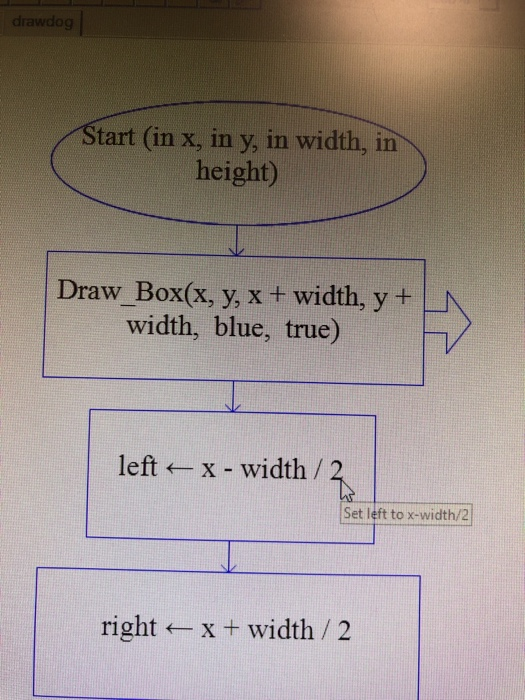 drawdog Start (in x, in y, in width, in height) Draw_Box(x, y, x + width, y + width, blue, true) left- x - width/ 2 Set left