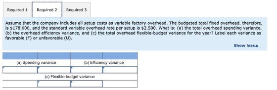 Required1Required 2Required 3 Assume that the company includes all setup costs as variable factory overhead. The budgeted tot