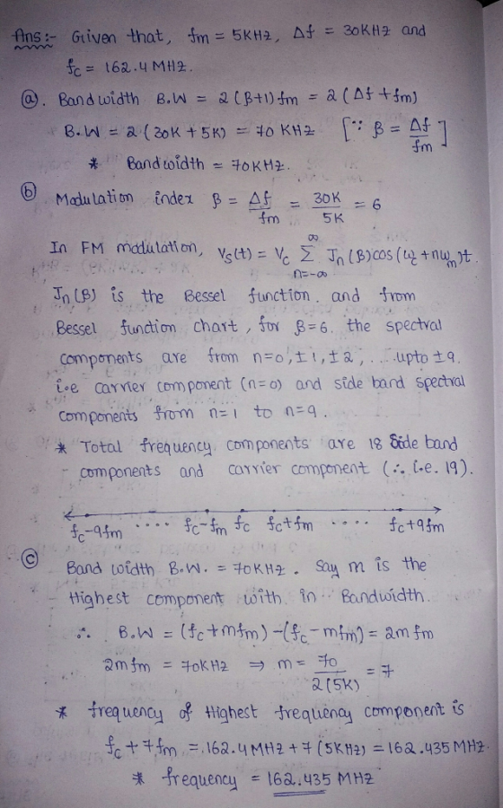 fns :-Given that, fm=5KH2, af = 30 K H2 and fm5K meditation, In FM vs ( )-Y Σ Jn 1B)cos (4+14% n LS) is the Bessel Junction.