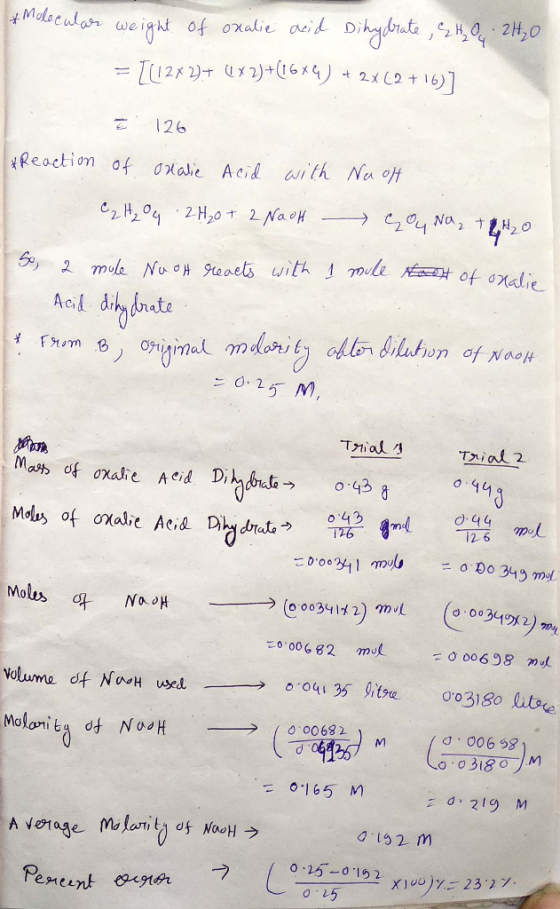 Molecular weigh of oxalie ai 2x 2 t + 16)) 26 Reaction 0f OHaie Acid ith Na ff 04 Na, t 0 C2HO4 2H20 2 NaoH 2 mole Nu oH 9tea