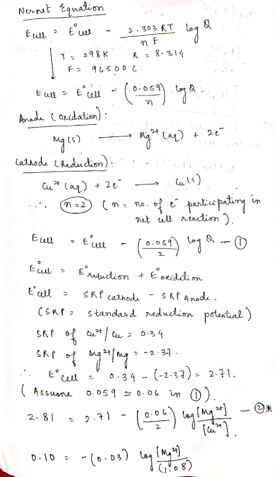 Nevnit quation 2.303 RT E uu 298 K R 8.314 F - Lo AmadaORidation) 2e Ma ts) Cathode Lkdtion): Culs) Cu Laq) 2 e m2 nut ull ne