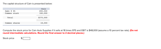 The capital structure of Cain is presented below Cain Debt $90,000 8% Common stock 180,000 Total $270,000 Common shares 18,00