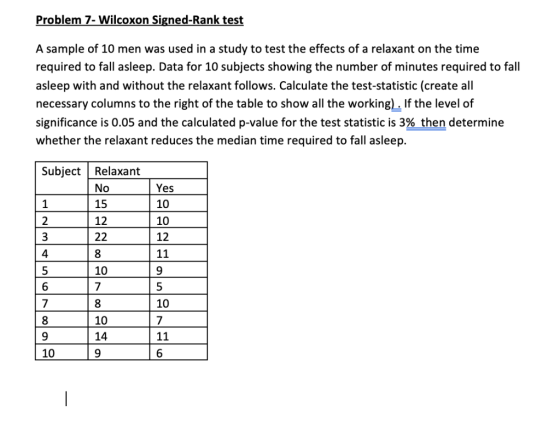 Problem 7- Wilcoxon Signed-Rank test A sample of 10 men was used in a study to test the effects of a relaxant on the time req