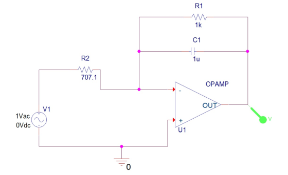 R1 1k C1 R2 1u 707.1 OPAMP OUT V1 1Vac V + OVdc U 1