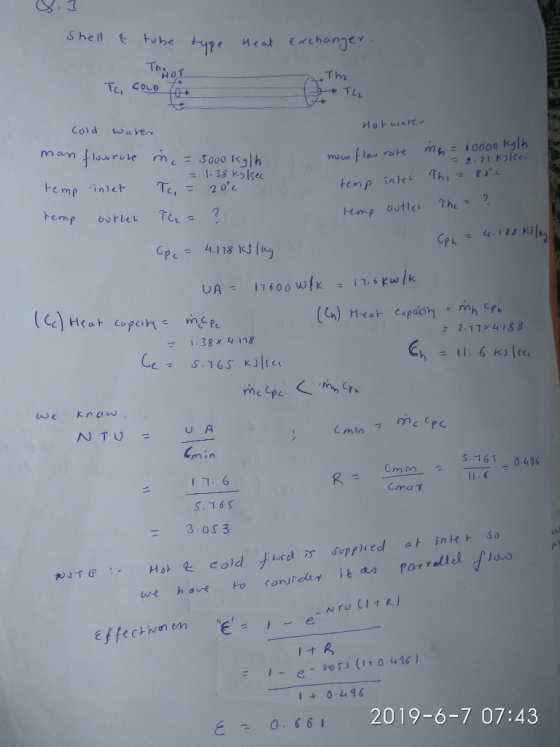 Shell tube Heat Cchonger Thy しTha TOH Tc, COLD Cold warer Hotwart man flarcie m410000 kglh 2.71 Kife mO=3000 1kh - 1-38 K9lse