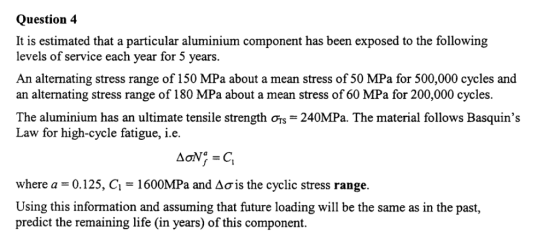 Question 4 It is estimated that a particular aluminium component has been exposed to the following levels of service each yea
