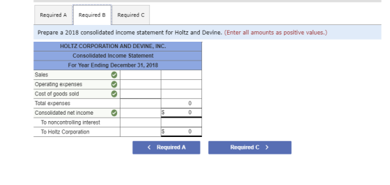 Required A Required B Required C Prepare a 2018 consolidated income statement for Holtz and Devine. (Enter all amounts as pos