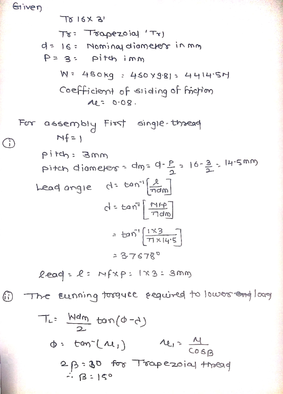 G1iven To 16X 3 TsapezoiaT) Nominaj diamerer in mm pitch imm P 3 W 45O Kg Coefficient of siiding of Fichiorn Fer assembly Fi