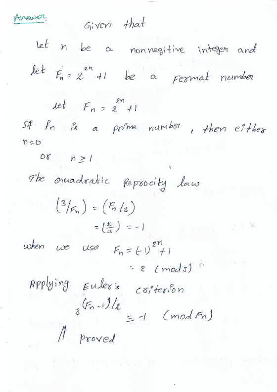 Given that h be a non negitive nt and Fermat nurber 2n le n F21 s早Fn eg a prime number then ewes The ouadratic Repsocity l