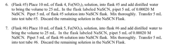(Flask #5) Place 10 mL of flask 4, Fe(NO3)3 solution, into flask #5 and add distilled water to bring the volume to 25 mL. In