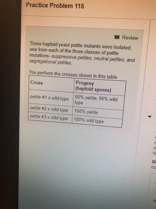 Practice Problem 115 Review Three haploid yeast petite mutants were isolated one from each of the three classes of petite mut