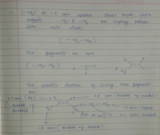 C ca 13 coupling pazhne each ohse y2-Ma Tine jeagnenbe have ブ o1mi sん.uctu u ane s.g ppm(double quatet) 6.9 1.3 ppm - Leple 4