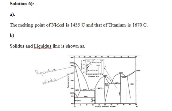 Solution 6): a) The melting point of Nickel is 1455 C and that of Titanium is 1670 C b) Solidus and Liquidus line is shown as