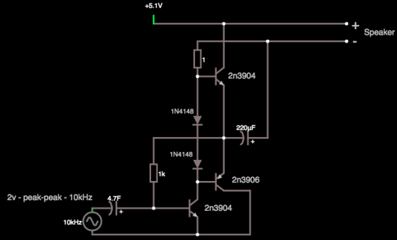 +5.1V Speaker 2n3904 1N4148 220uF 1N4148 1k 2n3906 2v - peak-peak - 10kHz 47F 2n3904 10kHz