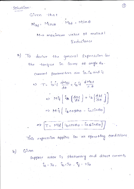 Solution Induclance To derfve the general Expressfon ior the orque terms ot angle 6o xpression or rame ters are ia,b a and d