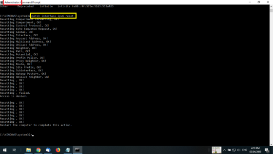Administrator Prompt Other Deprecated infinite infinite fe88 ::9f : 575e:52d3:553a%23 C:\WINDOWS\system etsh interface ipv6 r