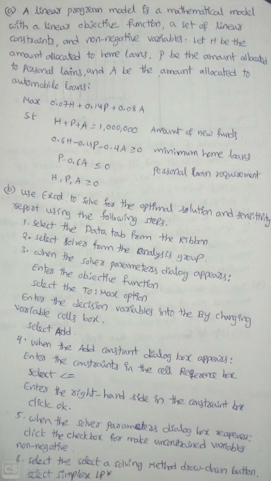 (O A lineay pangan model fy a mathematical model amourt otlocated to home leons, p be the anaint alkate to Pesonadl loins and
