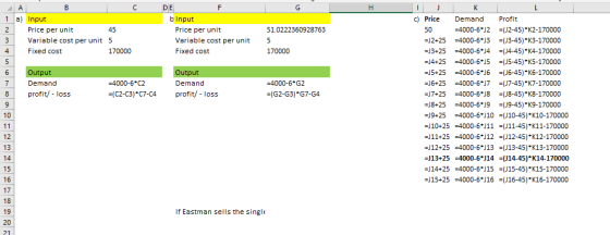 c) Price Demand Profit İJa) Input 2 Price per unit 3 Variable cost per unit 5 b Input Price per unit Variable cost per unit F