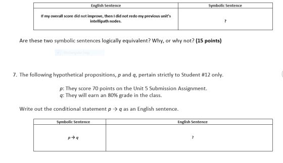 English Sentence Symbolic Sentence my overall score did not improve, then I did not redo my previous units intellipath nodes