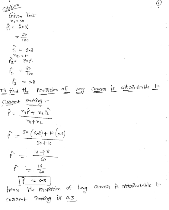 Satution Given that oo A A oo O.8 is attsibutable To find the Proftion of Camce (o)to(0.4) So Sot lo o - 8 lung Smok ing is o
