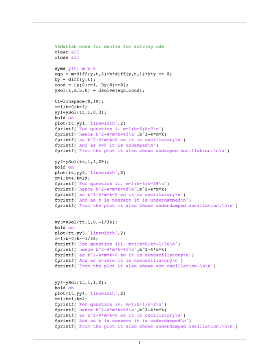 Matlab code for dsolve for solving ode clear all close all syms y (t) mb k eqn m*diff (y ,t,2) +b*diff (y,t,l) +k*y == 0; iff