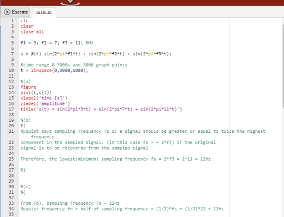 Execute main.m 1 clc 2 clear 3 close all 4 7 -E(t) sin (2*pi*f1*t) sin(2*pi*f2*t) sin(2*pi*f3*t); s + + 9 %time range 0-3000s