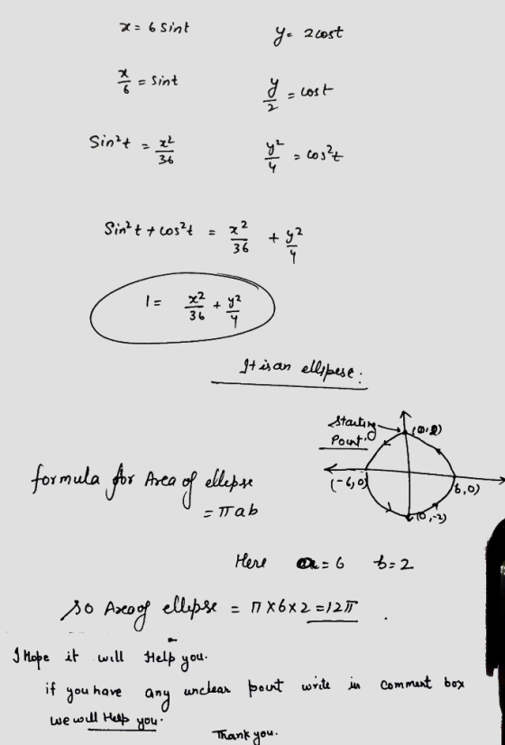 4S9- = Sint Los I,vis 36 Cos은 Sintt t cost 42 = 36 l = 36 Han ellipese stautin Pont (raf Area (40 6,0) Tab to,-2) Hers b2 Ao