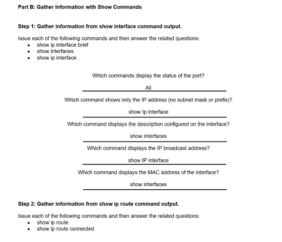 Part B: Gather Information with Show Commands Step 1: Gather information from show interface command output. Issue each of th