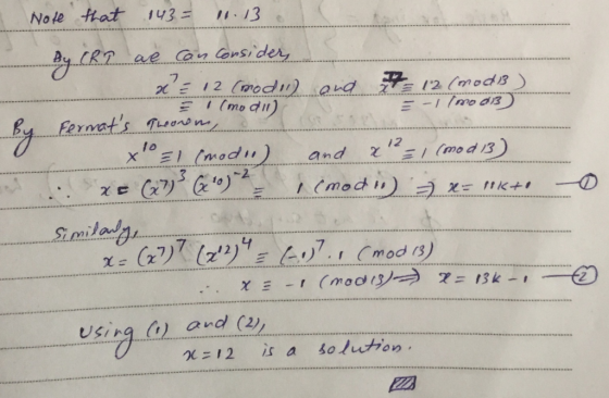Note fhat 143. 13 フ mo lan I mo (mod13ーズ sk .. 0 Using and = 12 is a solut,,on .
