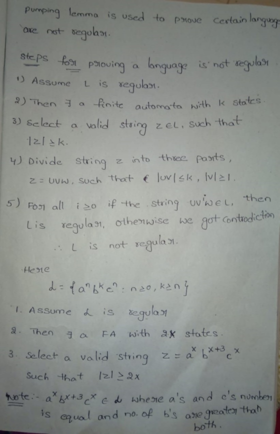Pumping lemma is used to pxove Certain lang atent begulast steps fost p1o ) Assume L is segulast 3) Then J finite automata wi