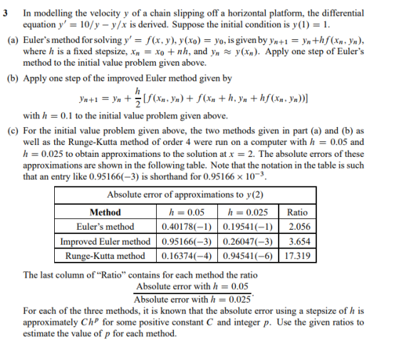 3In modelling the velocity y of a chain slipping off a horizontal platform, the differential equation y- 10/y - y/x is deriv