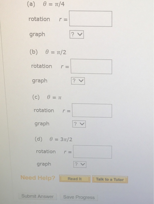 (a) θ π/4 rotation r- graph (b) /2 rotation r- graph (c) θ.π rotation r- graph ? (d) θ 3m/2 rotation r- graph Need Help? Read