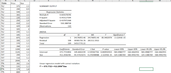 State Price Size NJ 375 SUMMARY OUTPUT NJ 200 0.9 NJ 599 365 Regression Statistics NJ Multiple R 0.665678296 NJ 220 2.1 R Squ