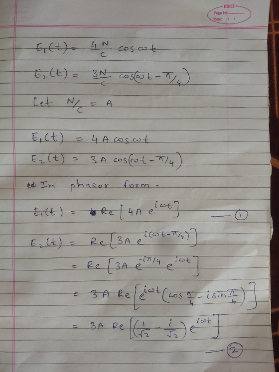 BRICE Page No. Date: 2 te In phasor for m cst Re BA e 2 f co 2