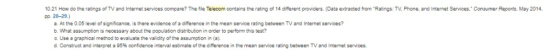 10.21 How do the ratings of TV and Internet services compare? The file Telecom contains the rating of 14 different providers.