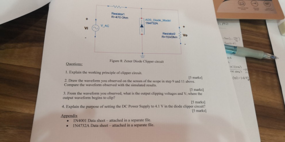 Resistor1 R-470 Ohm ADS Diode Model 1N4732A Resistor2 Vo R 10kOhm Figure 8: Zener Diode Clipper circuit xioh Questions 1. Exp