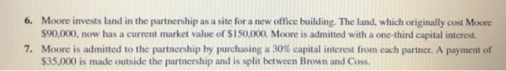 Moore invests land in the partnership as a site fora new office building. The land, which originally cost Moore $90,000, now