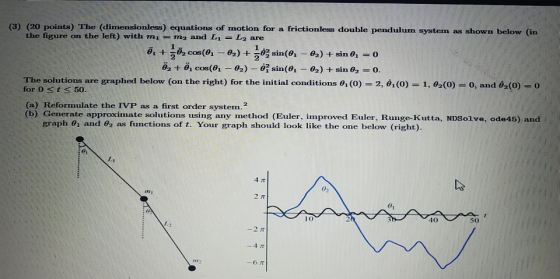 (3) (20 points) The (dimensionless) equations of motion for a frictionless double pendulum system as shown below (in the figu