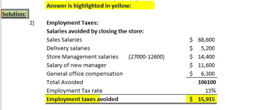 Answer is highlighted in yellow Solution 2) Employment Taxes: Salaries avoided by closing the store: Sales Salaries Delivery