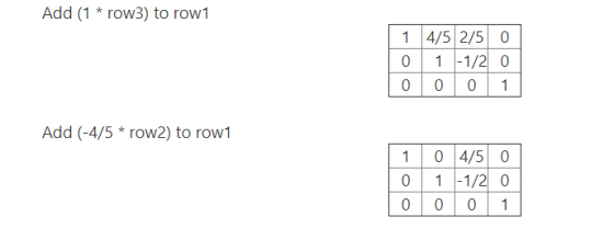 Add (1 row3) to row1 14/5 2/5 0 0 1 1/2 0 Add (-4/5 row2) to row1 1 0 4/5 0 0 00 1