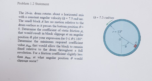 Problem 1.2 Statement The 26-in. drum rotates about a horizontal axis 7.5 radses.7.5 radisec with a constant angular velocity