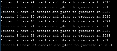 Student 1 have 24 credits and plans to graduate in 2018 Student 2 have 30 credits and plans to graduate in 2019 Student 3 hav