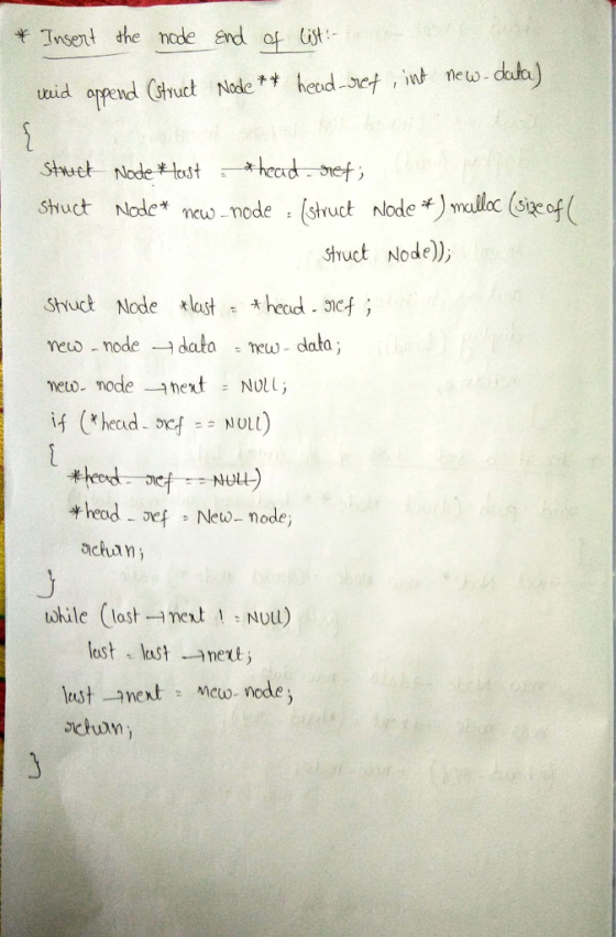 #Insent the mole end of list:- eod-se ,int hew stuct Node) Struck Node老last. * head. Jef; reco-mode --data -hea)-data; oef Ne