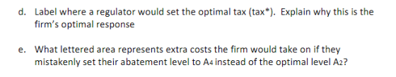 d. Label where a regulator would set the optimal tax (tax*). Explain why this is the firms optimal response What lettered ar