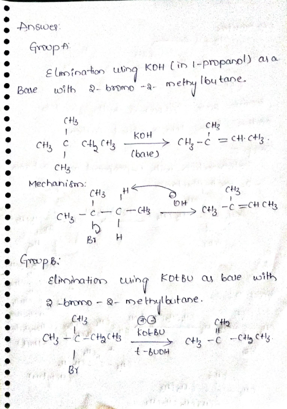 Answes GopA KOH Cin -proparol) lby tane a a E lminaton ing mey with Q- bomo -a- Base CH2 Кон CHCt3 CHS C снз (baie Cн3 Mechan