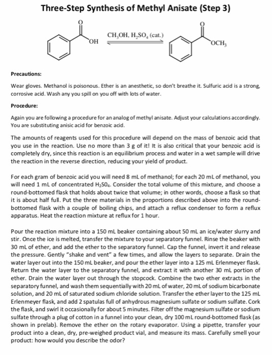 Three-Step Synthesis of Methyl Anisate (Step 3) 0 CHOH. Н.so, cat.) Wear gloves. Methanol is poisonous. Ether is an anestheti