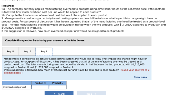 Required: 1-a. The company currently applies manufacturing overhead to products using direct labor-hours as the allocation ba