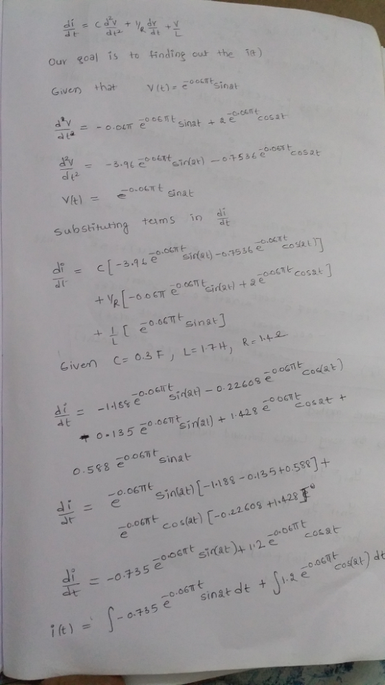 + dy+ V p Our goal is to findioe cut the ie) Given +hat V(t)= sina -o.04TT 06tinat +& e -C-c6mt cosat - 3.96 004Tt ar) o753o.