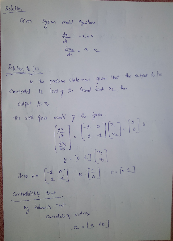 Solu hion (ス1,- 게 dt in the 尸0oblemstatemebt given hhat the outratto he output [Y-x, Tthe Sat pete modelthe Sh dt Hexe A Comt