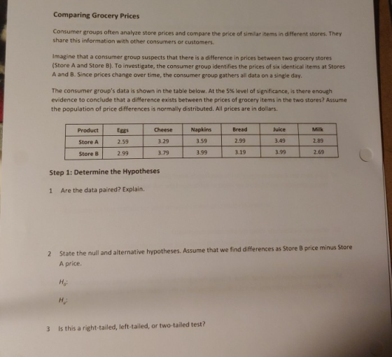 Comparing Grocery Prices Consumer groups often analyze store prices and compare the price of similar items in different store